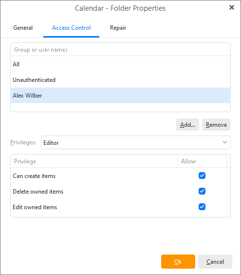Calendar folder properties: edit privileges