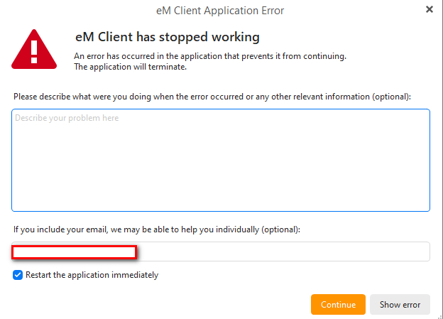 eM Client crash window