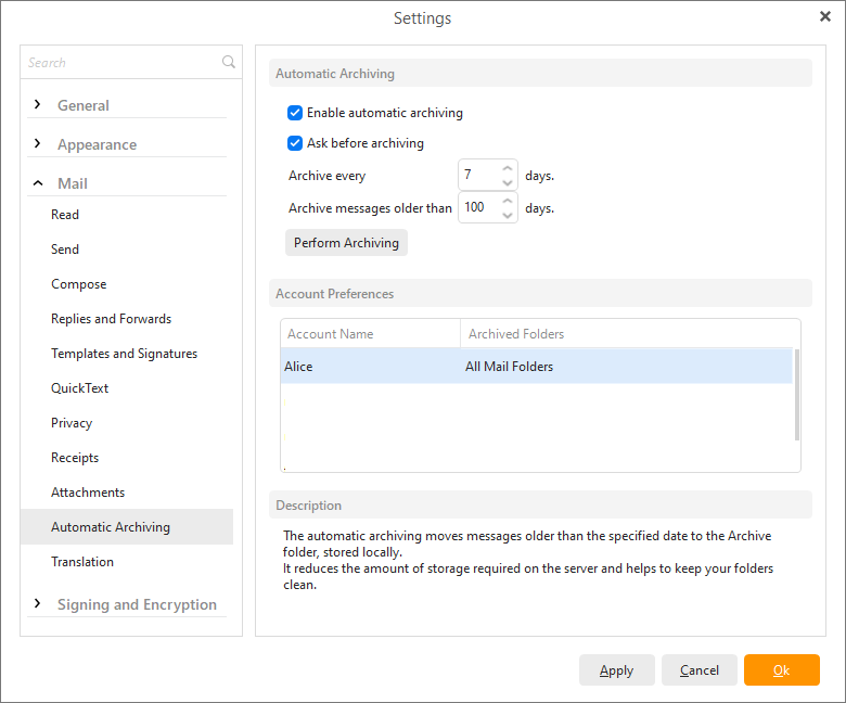eM Client: Automatic Archiving