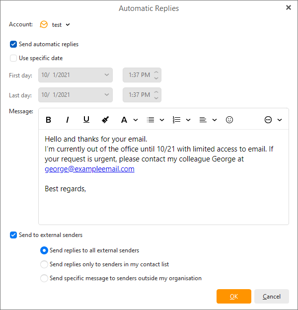 eM Client: Find all the same Outlook Automatic reply options in eM Client