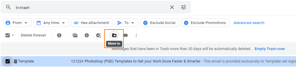 Gmail: Move to option in Trash folder