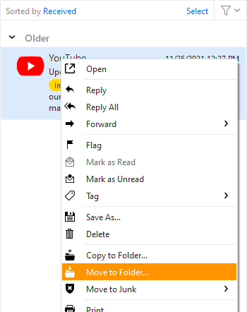 eM Client: Move to option in Trash folder