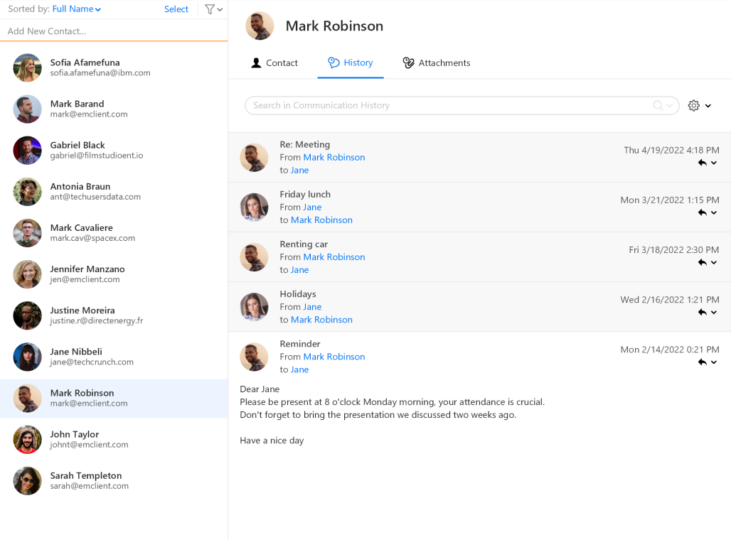 Contacts history