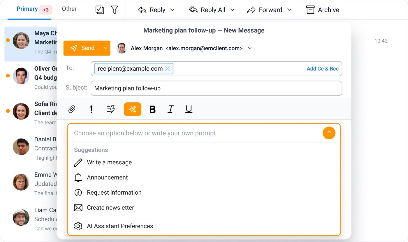 eM Client: AI Writing Composer in the compose window