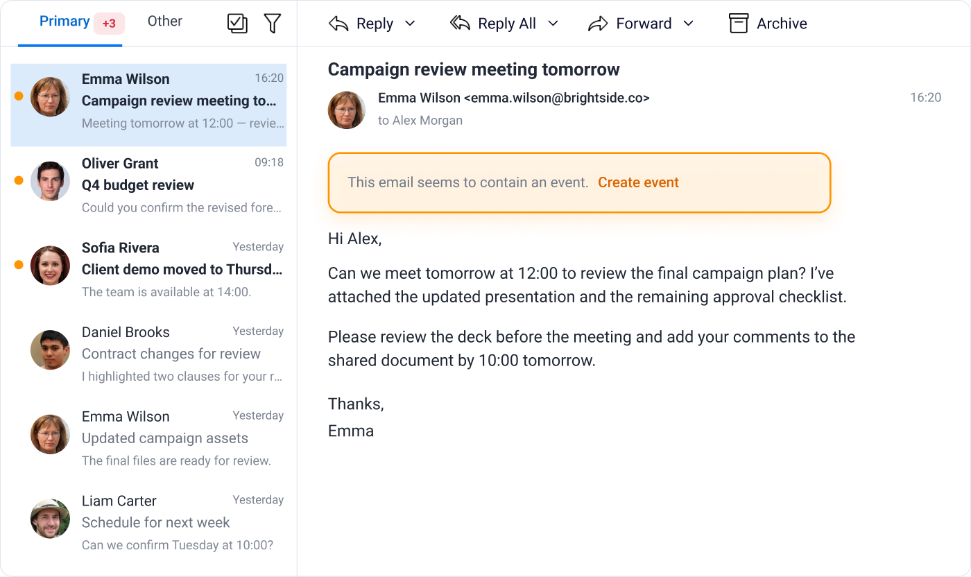 eM Client: Create a task or event from the message preview
