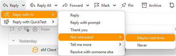 eM Client: Reply with AI options