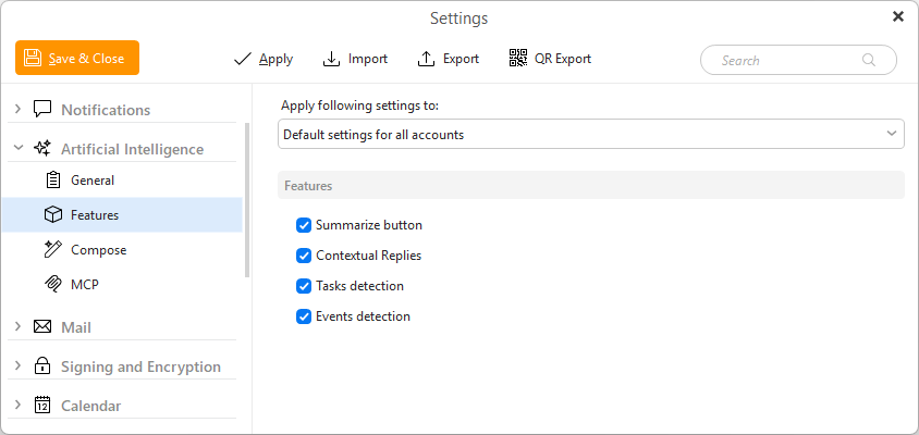 eM Client: Artificial Intelligence settings – Features