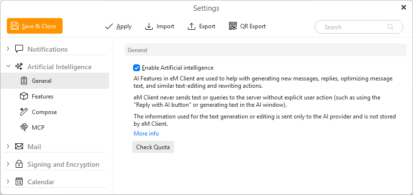 eM Client: Artificial Intelligence settings – General