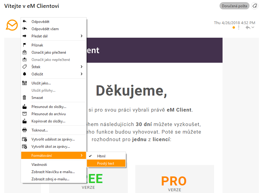 eM Client 8.2: Change format of an email (plain / HTML)