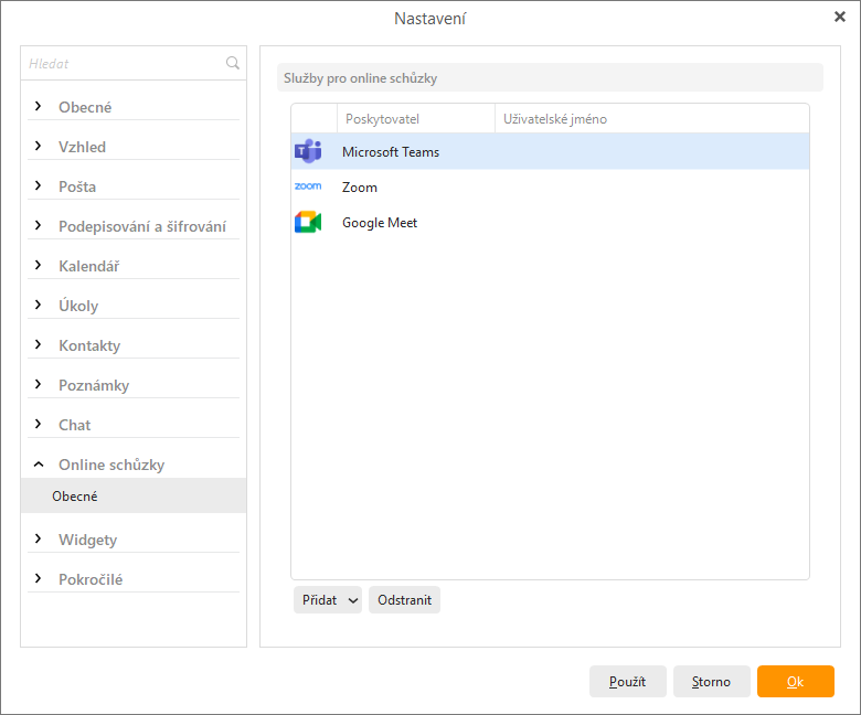 eM Client 8.2: Online Meetings (list of services in Settings)