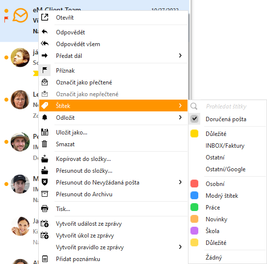 eeM Client: Přidání kategorie v seznamu zpráv