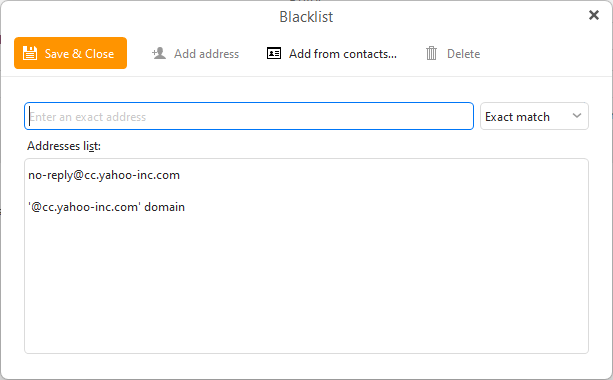 eM Client: Editing window for Blacklist rule
