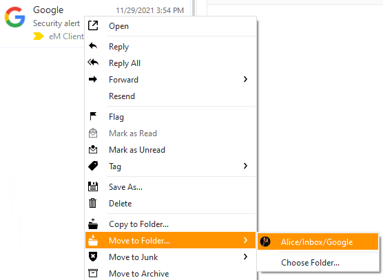 eM Client: Recent history for Move to Folder in Message list