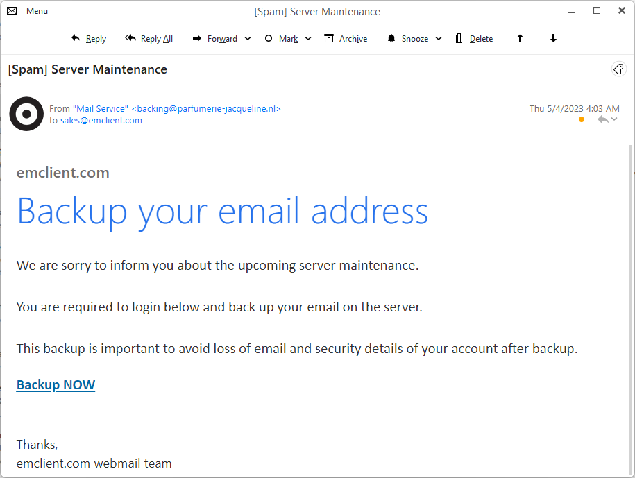 eM Client: Example of backscatter spam pretending to be server provider
