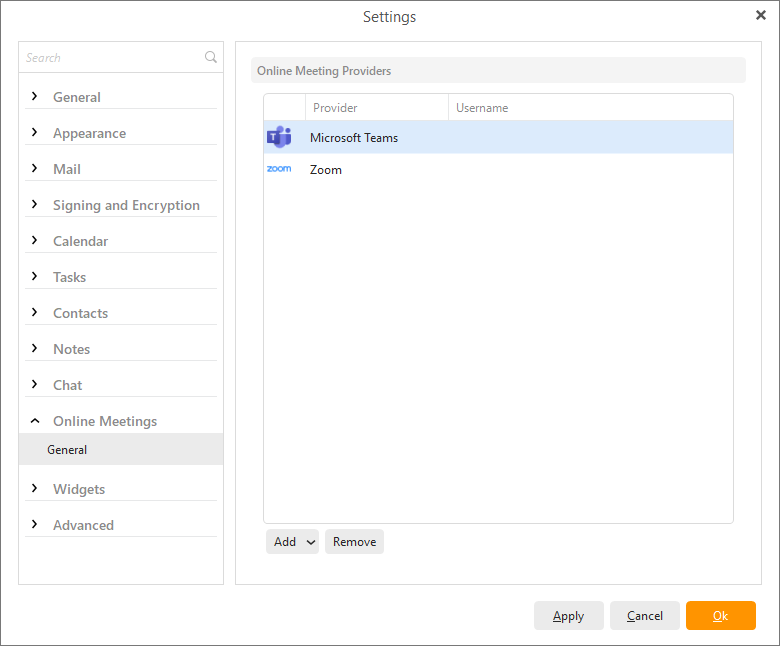 eM Client 8.2: Online Meetings (list of services in Settings)