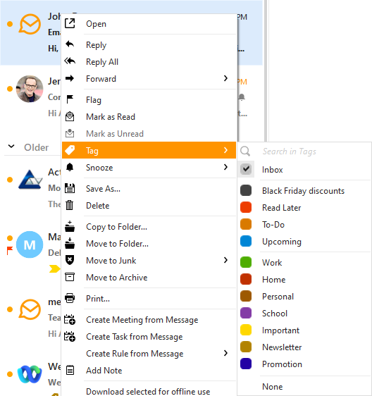 eM Client: Assigning tags in the message list