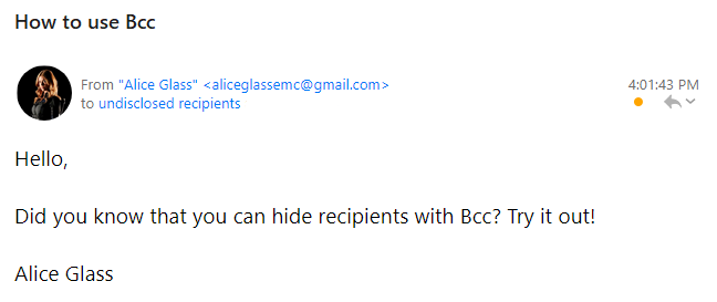 Example email received by a Bcc recipient.
